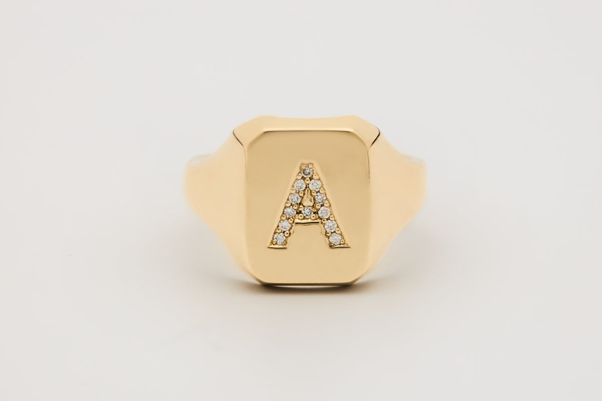 No. 2 Rectangular signet ring with diamond-set initial