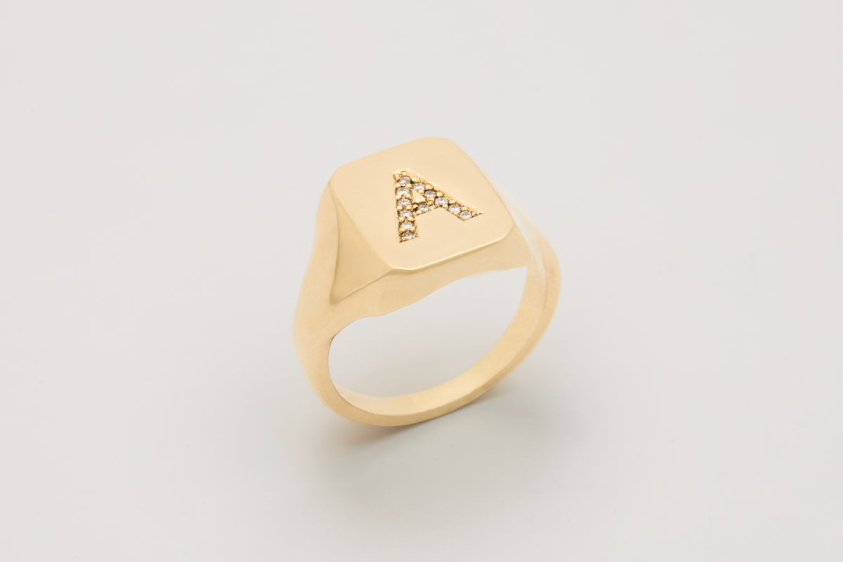No. 2 Rectangular signet ring with diamond-set initial